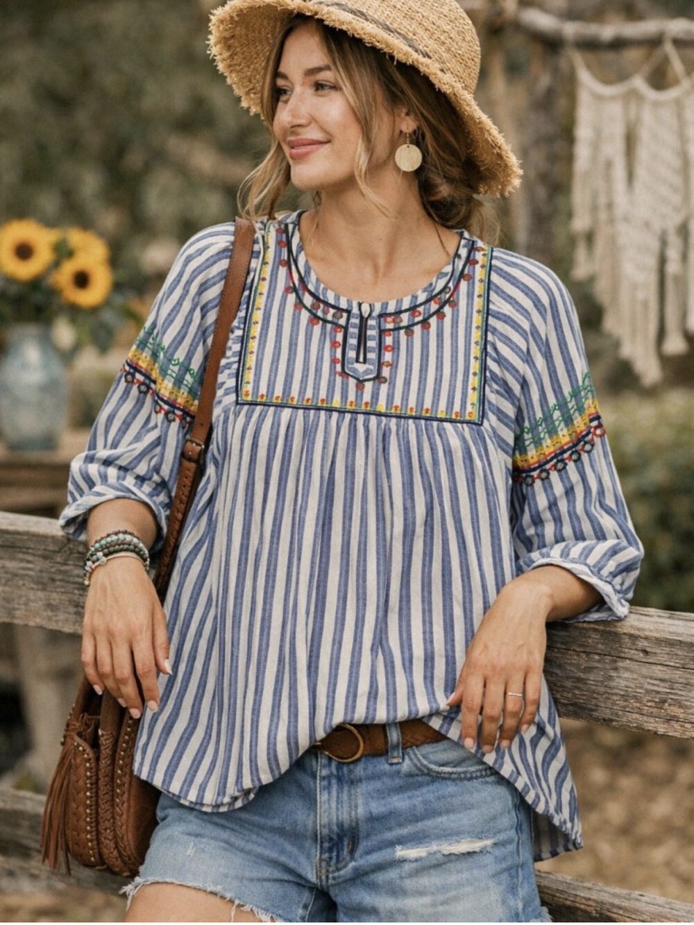 NWT Hayden Los Angeles Striped Embroidered Boho Peasant Blouse, Size Small